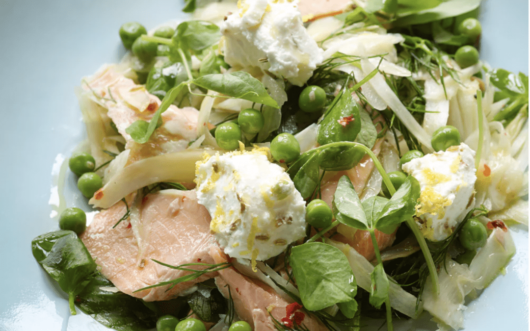 Hot Smoked Trout with Fennel, Peas and Goat’s Cheese