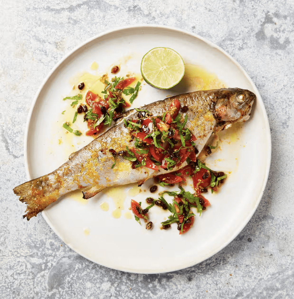Roast trout with tomato, orange and barberry salsa